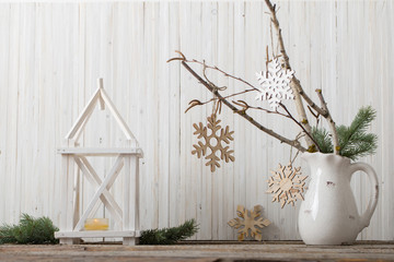 White Christmas decoration on wooden background