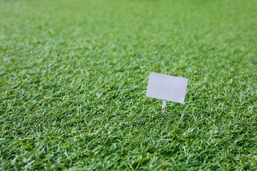 Sign on grass, green lawn, with space for caption, dreamy color