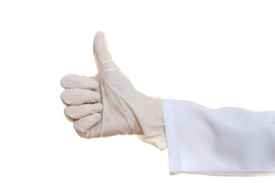 a doctor in a white coat and rubber glove isolated on white background