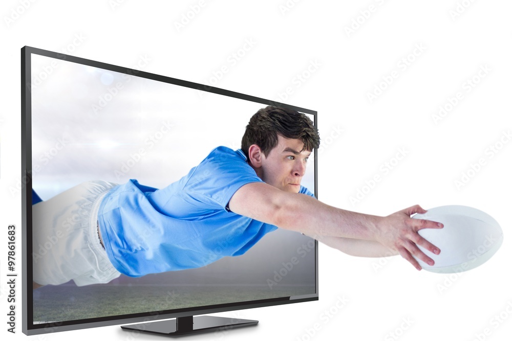 Poster composite image of a rugby player scoring a try