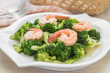 Stir fried broccoli with shrimp on plate