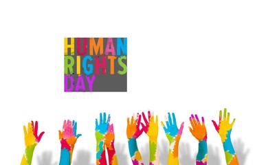 Composite image of group of people raising arms