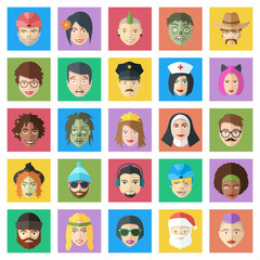 Funny colorful vector characters set. Flat style people faces ic