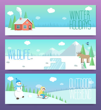 Cute winter banners. Outdoor weekend holidays wildlife.Horizonta