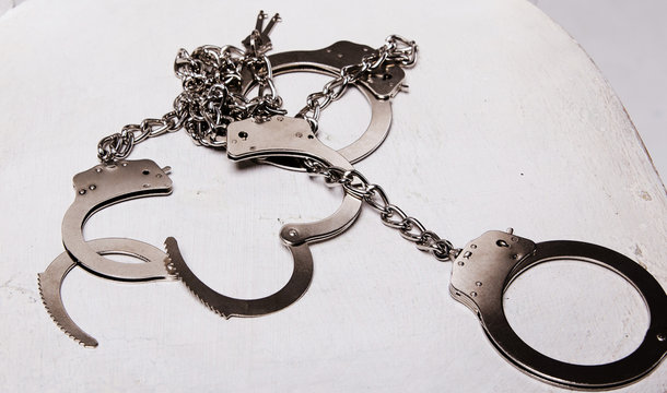 Handcuffs, Chain, White Background.