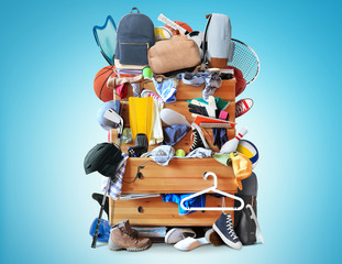 Mess, dresser with scattered clothes, shoes and other things