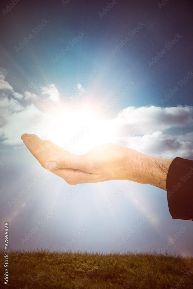 Poster composite image of close up of businessman with empty hand open