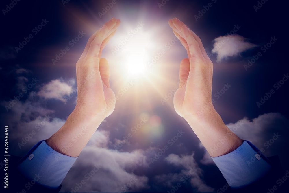 Poster composite image of close up of businessman with empty hand open