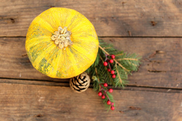 Pumpkin on wooden background - Halloween, Christmas and Thanksgiving concept - decoration and copy space