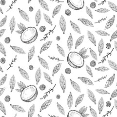 Vector tropical pattern with coconut, leaves and branches. 