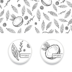 Vector packing concept with coconut. Labels for the pot with the place for your text.