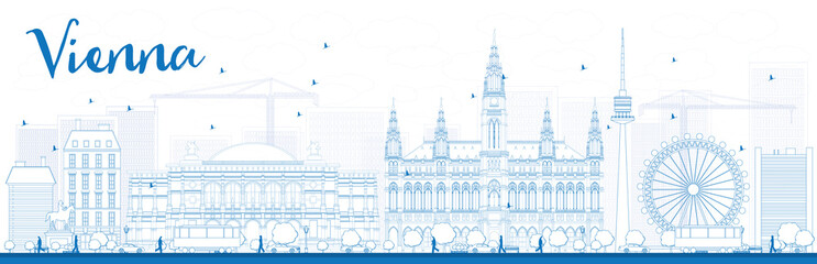 Outline Vienna Skyline with Blue Buildings. Some elements have transparency mode different from normal.