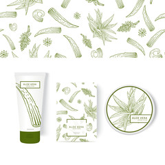 Packing concept with aloe vera. Vector labels for the jar, tube and box.