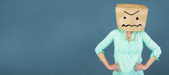 Woman covering head with bag with angry face