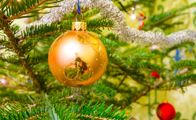 Beautiful colorful christmas decorations hanging on christmas tr