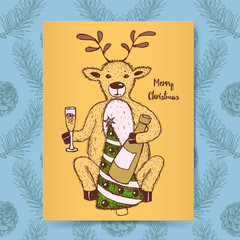 Sketch deer with champagne