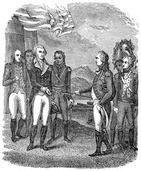 An engraved vintage illustration image of a the Surrender of Cornwallis during the USA  American Revolutionary War, from a Victorian book dated 1880 that is no longer in copyright