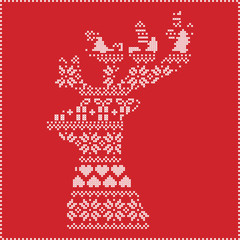 Scandinavian Nordic winter stitching , knitting  christmas pattern in  in reindeer shape shape including snowflakes, hearts,  xmas trees, christmas presents, snow, stars, decorative elements