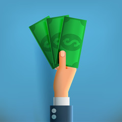 Hand with Money on Blue Background