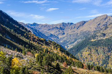 Colorful Fall landscape in the Valley of Estanyo River, Andorra