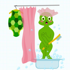 Vector embarrased and frightened turtle in bathroom took off his clothes and washing. Fun illustration for warning plate 