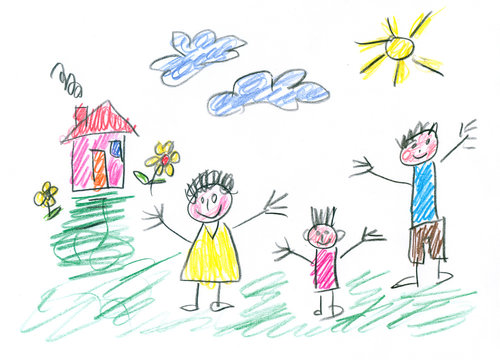 Drawing made by a child, happy family in the countryside