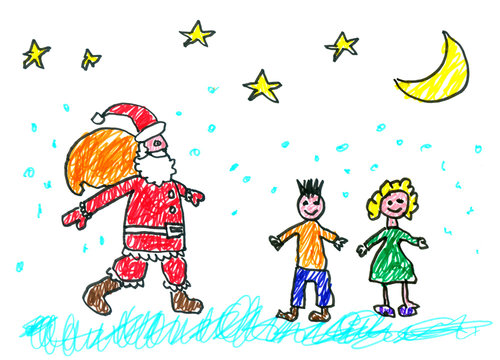 Drawing made by a child, the arrival of Santa Claus