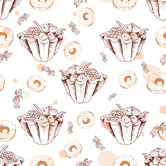 Dessert seamless pattern. Sweet background in hand drawn style. Wallpaper with tart, donut. Vector illustration for cafe menu, banner, recipe and etc.