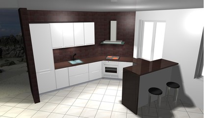 3D rendering interior design white brown kitchen