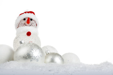 snowman in the snow with Christmas balls