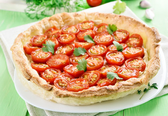 Tomato pie on white plate