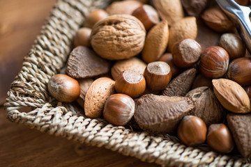 Almonds, Walnuts, Hazelnuts, Brazil Nuts in Basket