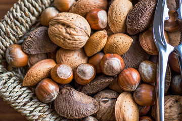 Almonds, Walnuts, Hazelnuts, Brazil Nuts in Basket