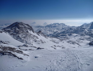 Fototapeta na wymiar panoramatic view of snow covered high mountains