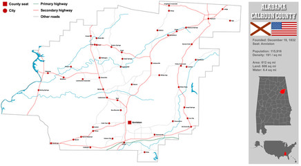 Large and detailed map and infos about Calhoun County in Alabama.