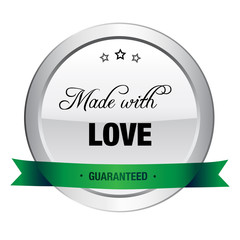Made with love seal or icon. Silver seal or button with stars and green banner.