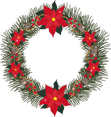 Spruce wreath with flowers poinsettia, pine cones, berries, beads and glitter on a transparent background