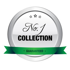 No.1 collection seal or icon. Silver seal or button with stars and green banner.