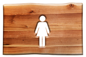 Woman symbol cut in wooden board isolated on white.