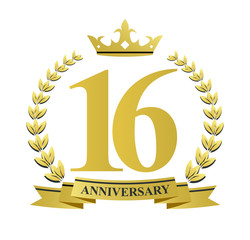 16 anniversary with golden wreath, ribbon and crown