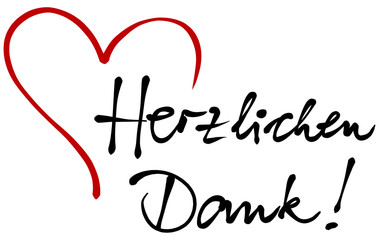 Schwarze Handschrift „Herzlichen Dank!“ mit roter Herz-Zeichnung / Vektor, freigestellt - 97880434