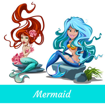 Two cute girls mermaid with blue and red hair