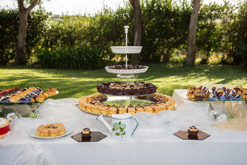 Dolcetti assortiti su tavolo apparecchiato in giardino