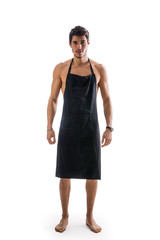 Young sexy shirtless chef or waiter wearing only apron