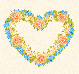 Floral frame in the shape of heart. Design element.