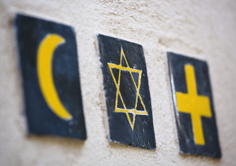 Set of 3 religious symbols: islamic crescent, jewish David's star, christian cross (wall sign on...