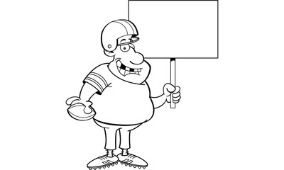 Black and white illustration of a football player holding a sign.