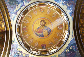 Interior and Dome of Holy Sepulchre Cathedral with Jesus Mosaic, Jerusalem