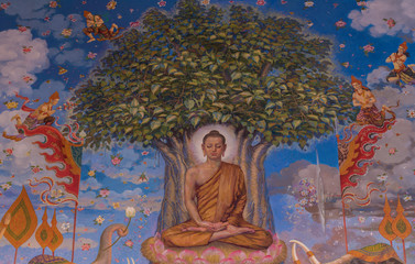 Traditional Thai mural painting the Life of Buddha and Thai life © mai111
