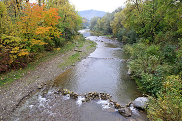 Landscape with forest, river and stones